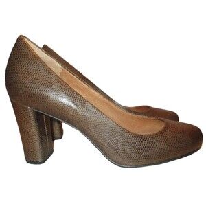 Clarks Indigo Women 8.5 Textured Brown Leather 3 1/4" Block Heel Business Pumps